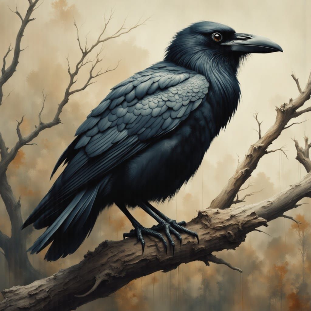 Cyberpunk Raven Perched on a Worn Tree Branch