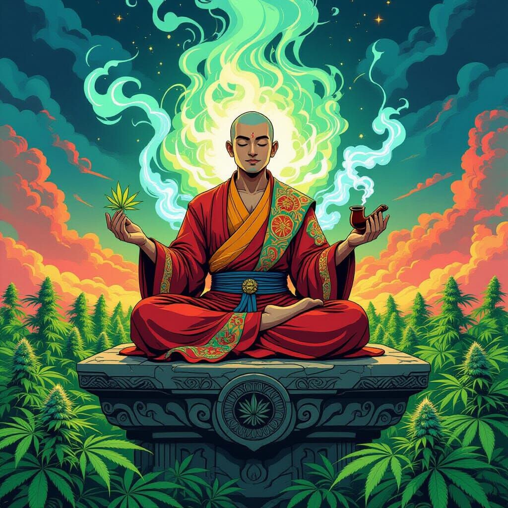 Meditating Monk in Cannabis Field, Retro-Futuristic Style