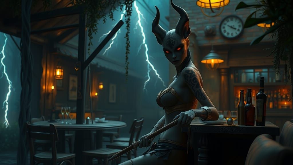 Tabaxi Assassin in Dark Tavern, Tribal Tattoos Glow