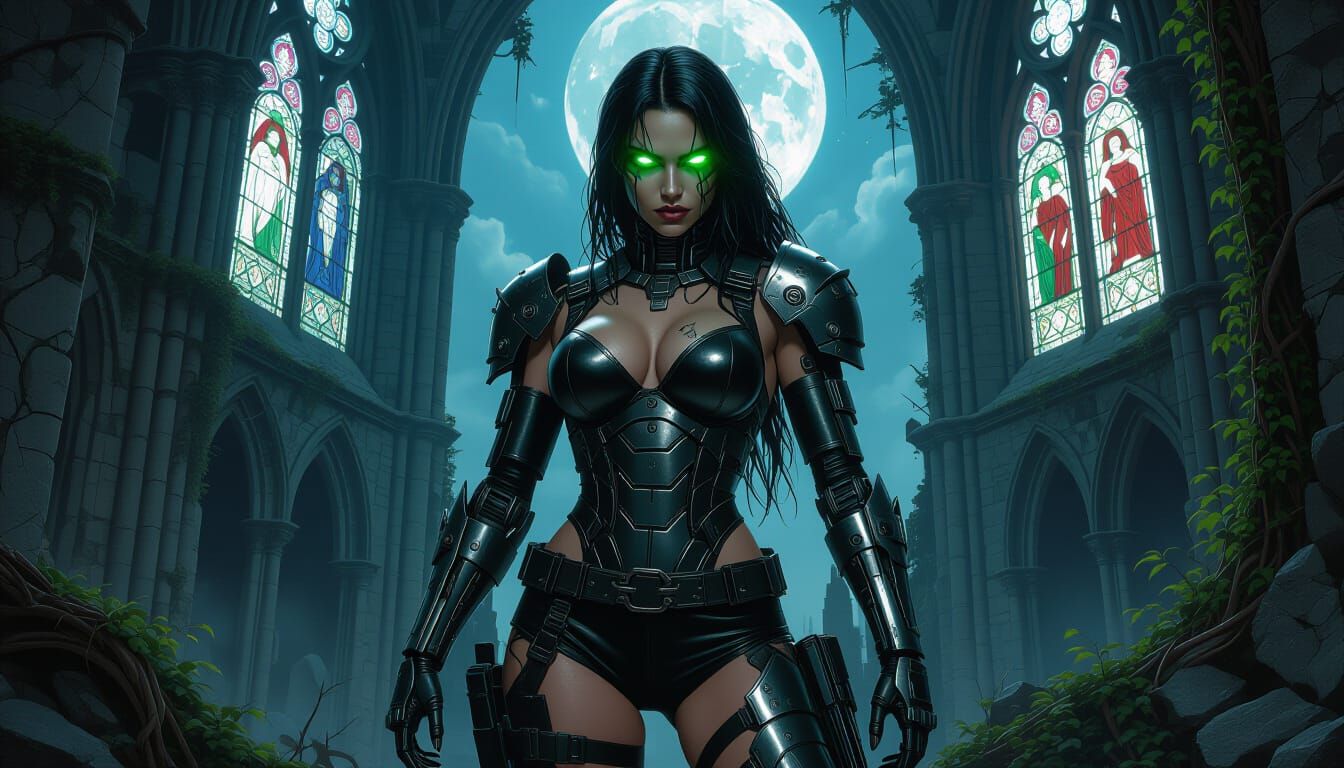 Cyborg Queen in Gothic Ruins: Dark Fantasy Art