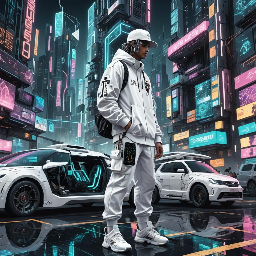 Futuristic Hero in Neon-Lit Cityscape