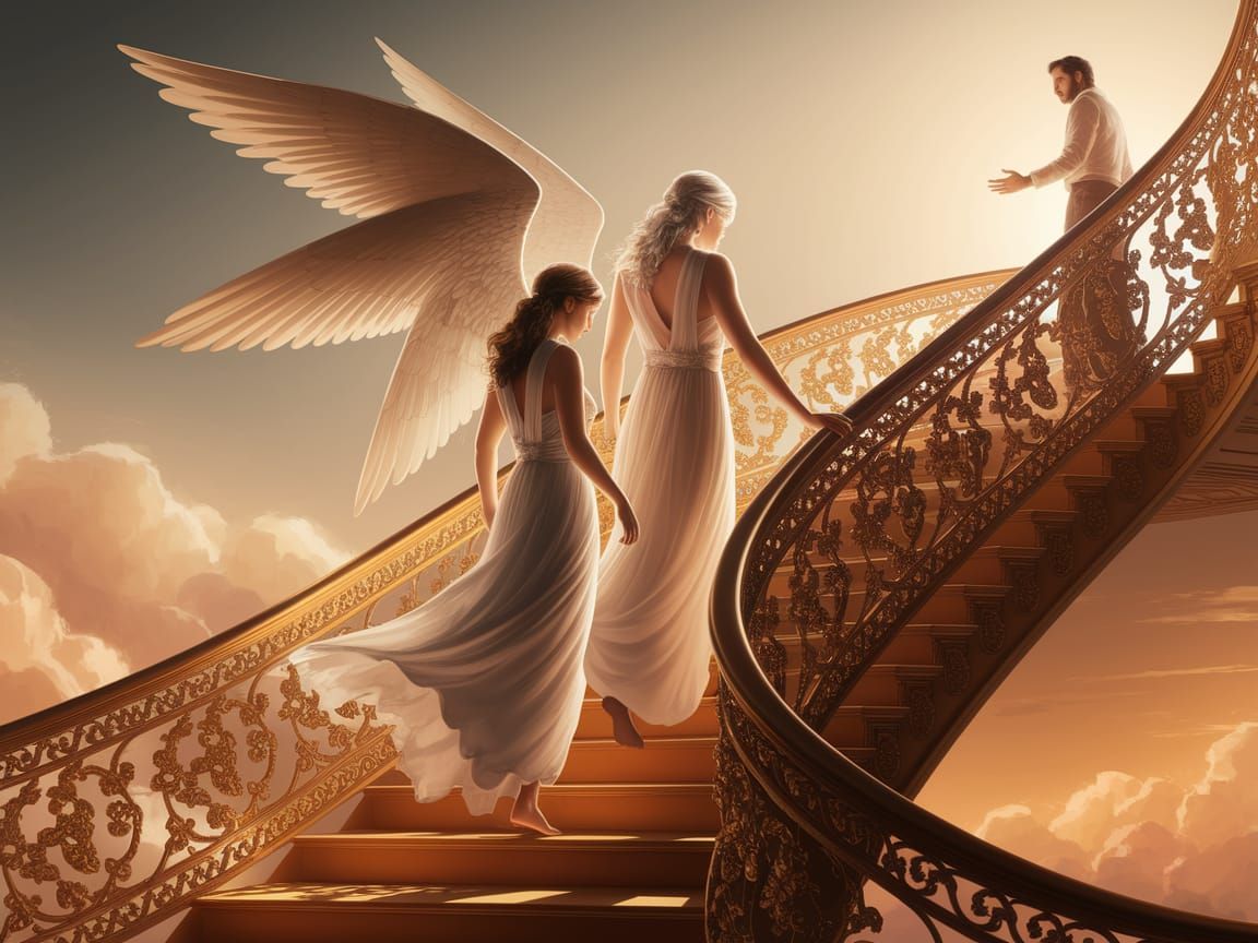 Ethereal Angel Ascends Golden Staircase to Heaven