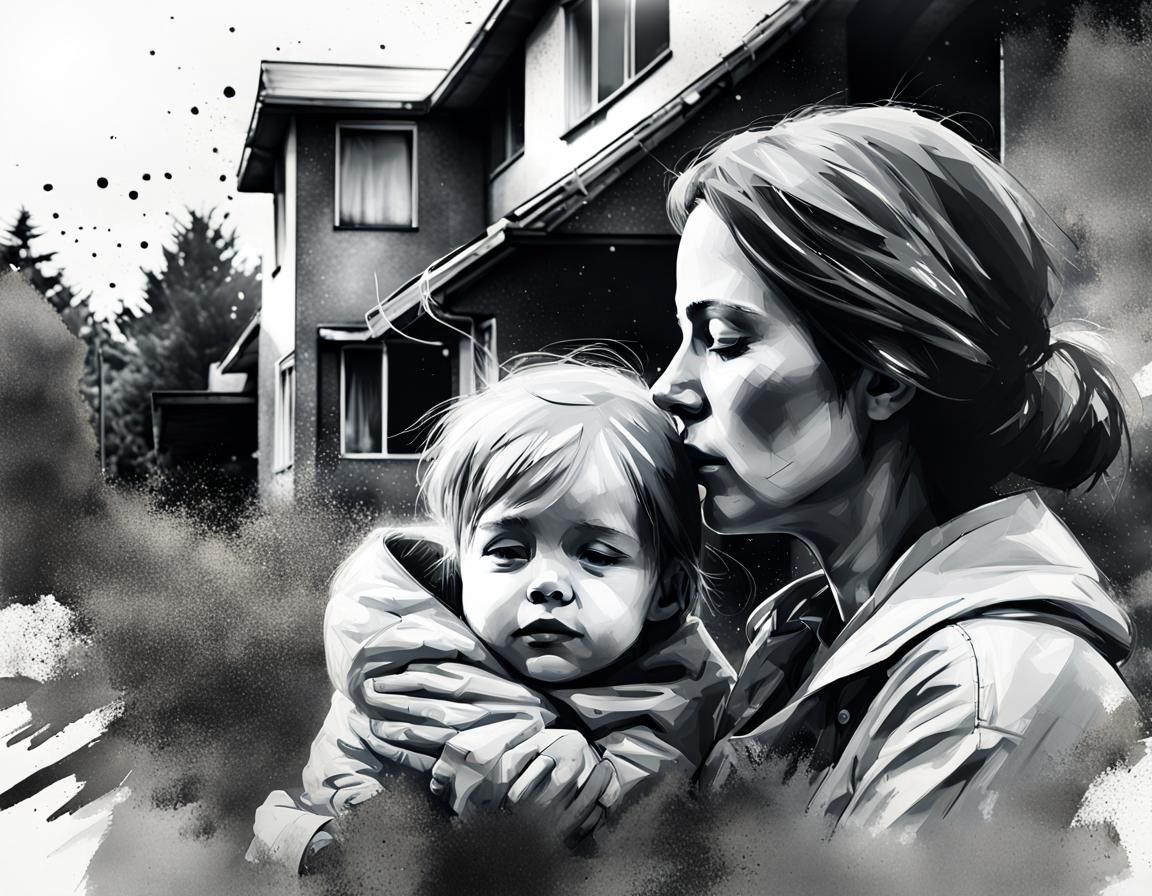 Mother and Child in Brutalist Suburbia