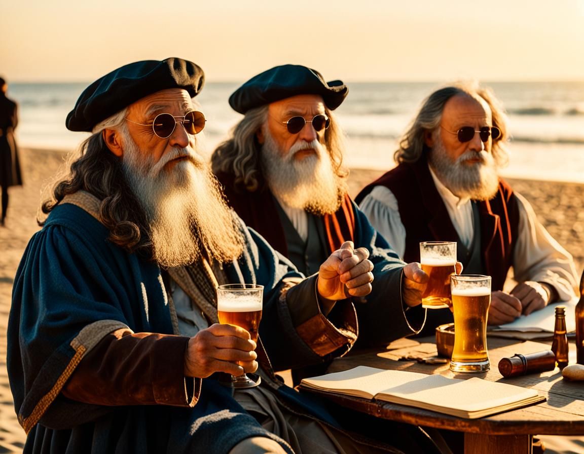 Renaissance Visionaries on Mar del Plata Beach, Savoring Bee...