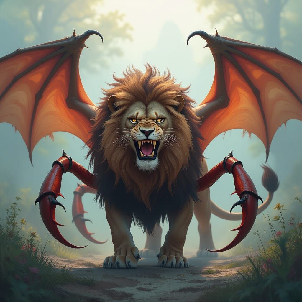 Lion-Scorpion Hybrid with Bat Wings in Ethereal Fantasy Art