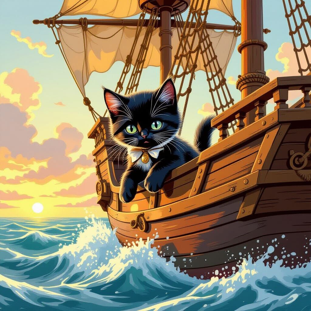 Black Kitten Pirate on Spanish Galleon
