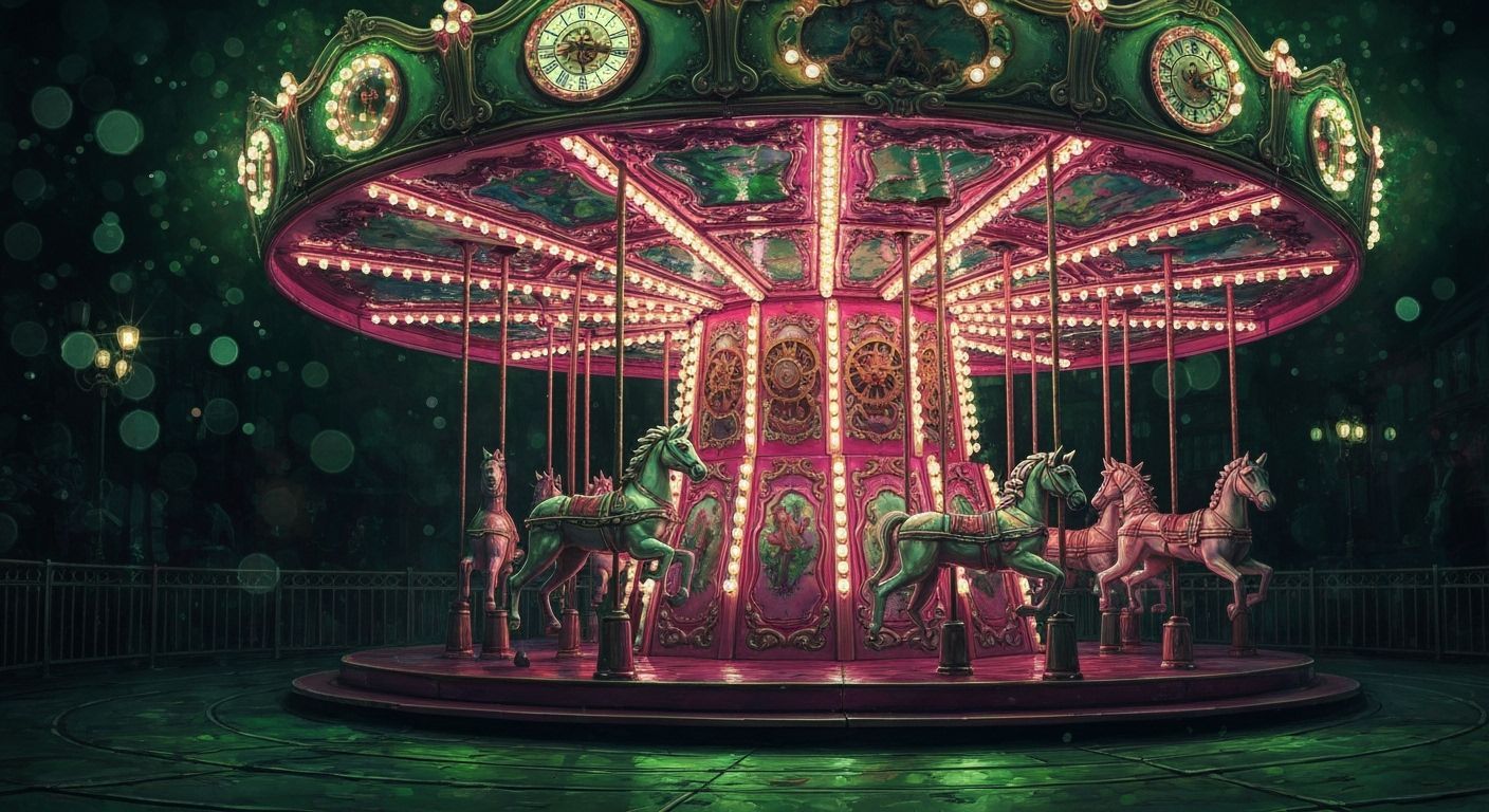Steampunk Carousel at Night Glowing with Bokeh Lights