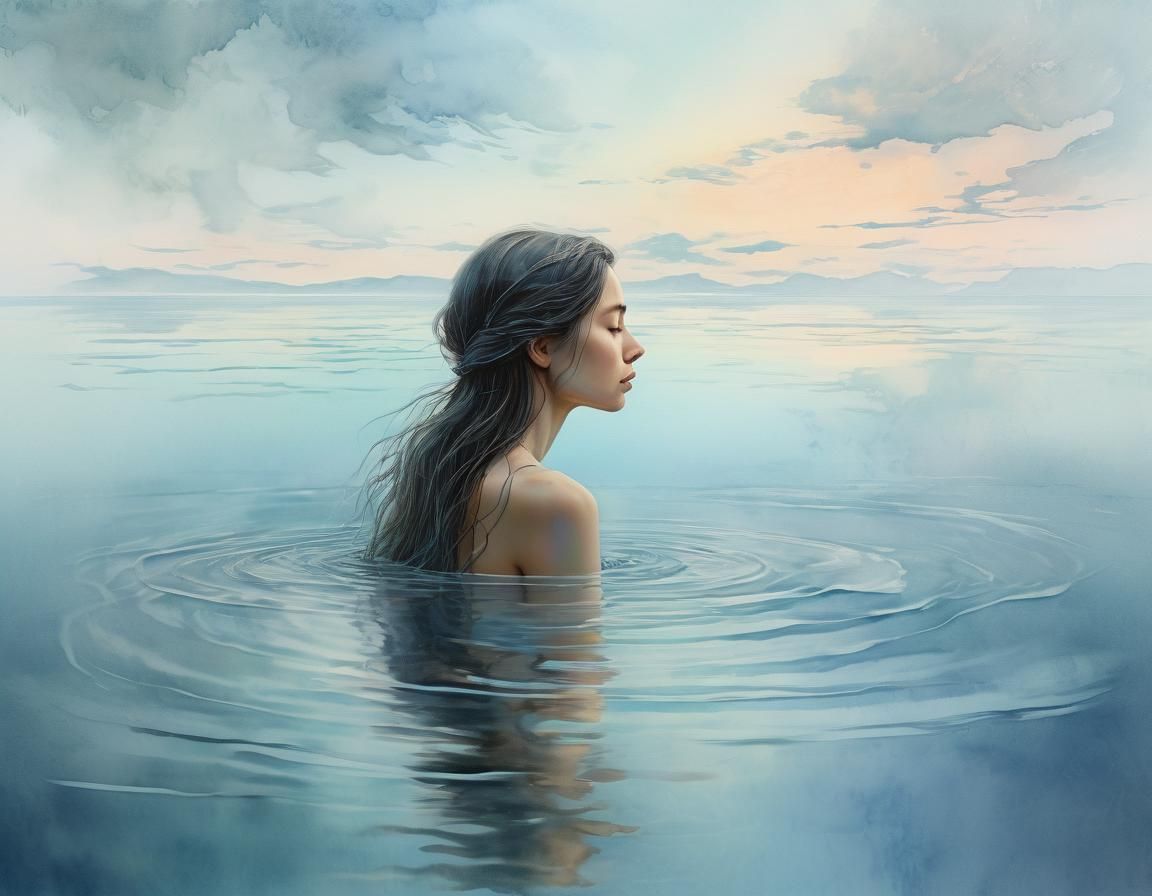 Ethereal Woman Lost in Thought Amid Softly Blurred Watercolo...