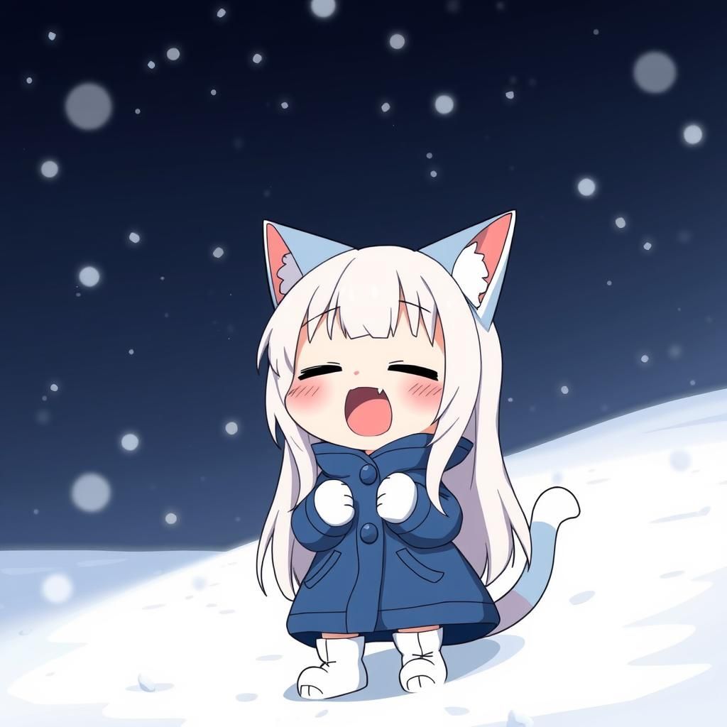 Anime Style Catgirl Yawns in Snowy Winter Landscape