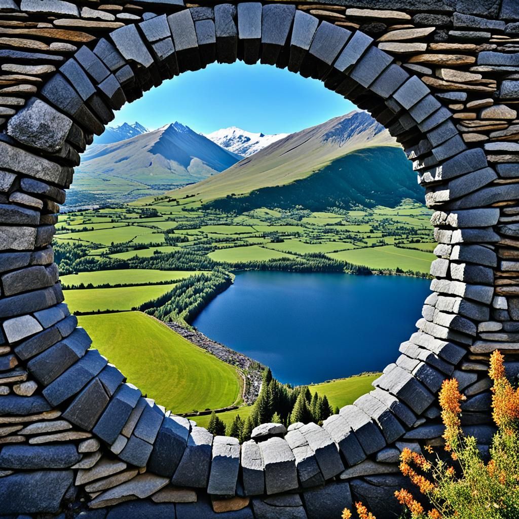 a round stone arch formed from slate with mountains in the b...