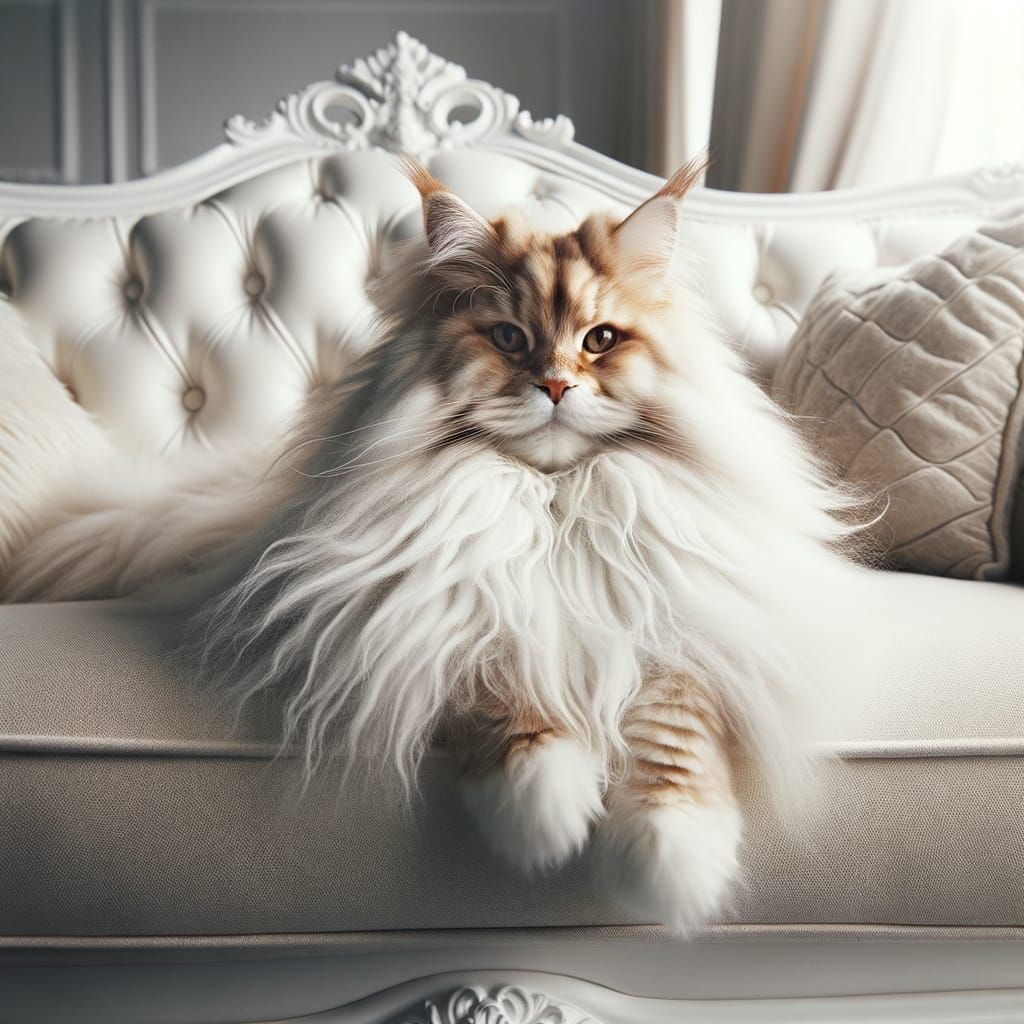 Elegant Fluffy Maine Coon Cat on Plush White Sofa