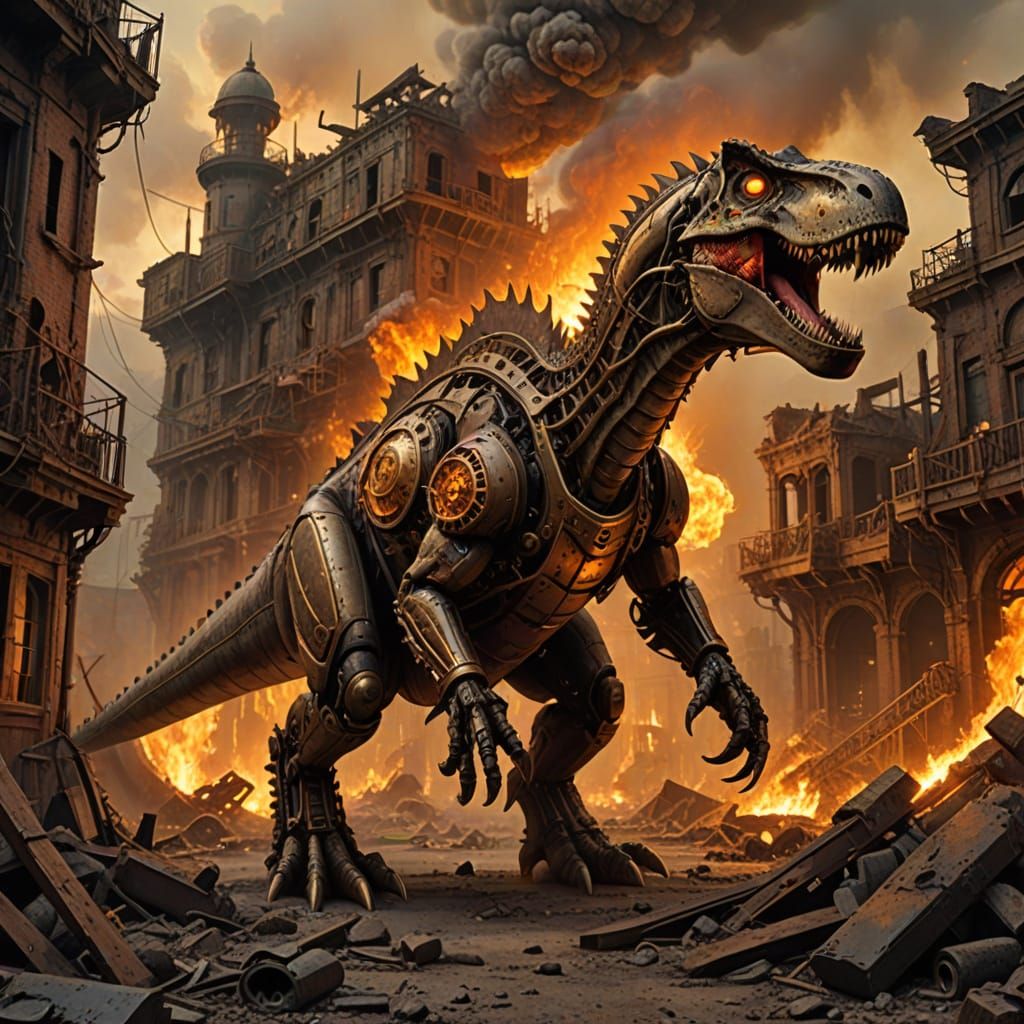 Steampunk T-Rex in Post-Apocalyptic City Oil Painting