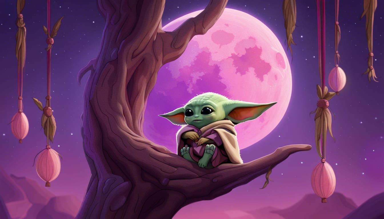 Baby yoda sit on the tree