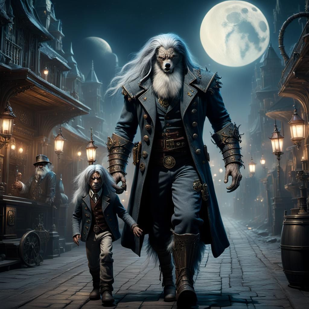 Steampunk Wolfman Strolls Moonlit Festival with Son