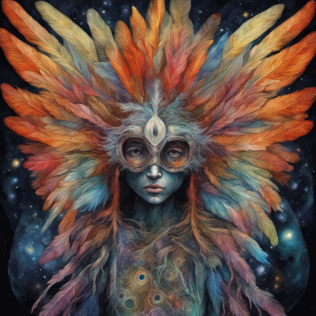 Surreal Cosmic Bird Goddess in Vibrant Holographic Splendor