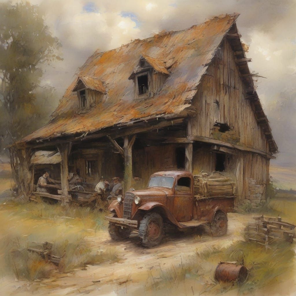 Whimsical Barn Scene in Watercolor Style