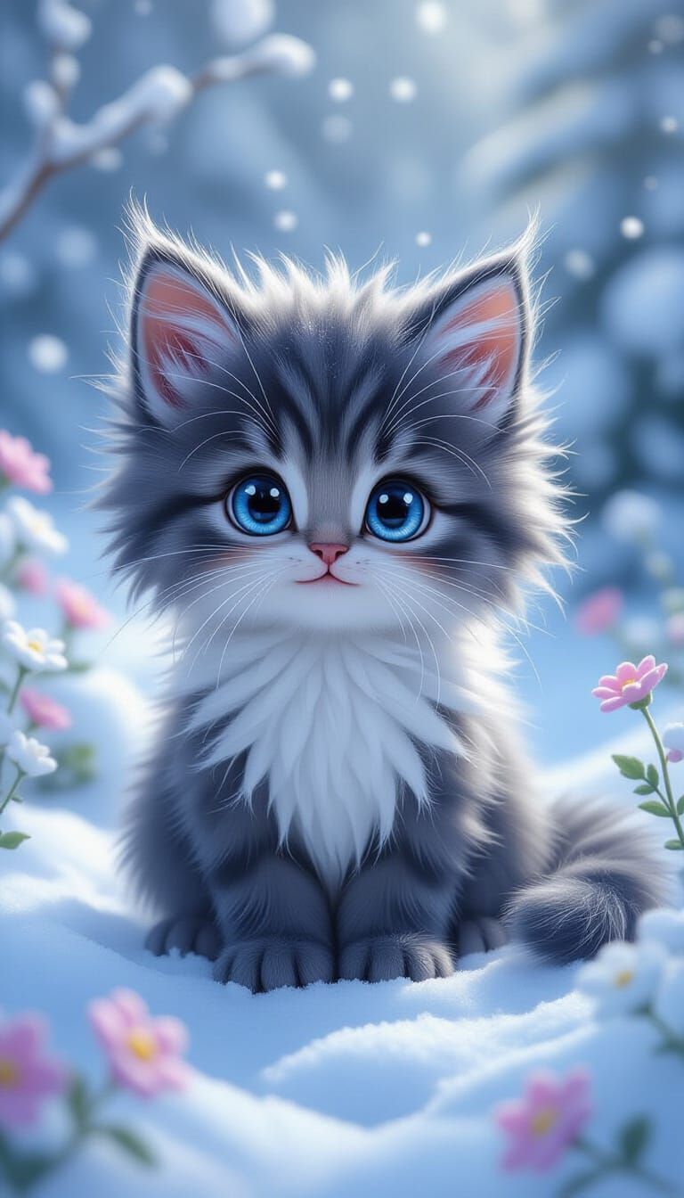 Knitted Gothic Kitten in Snowy Fairytale Garden