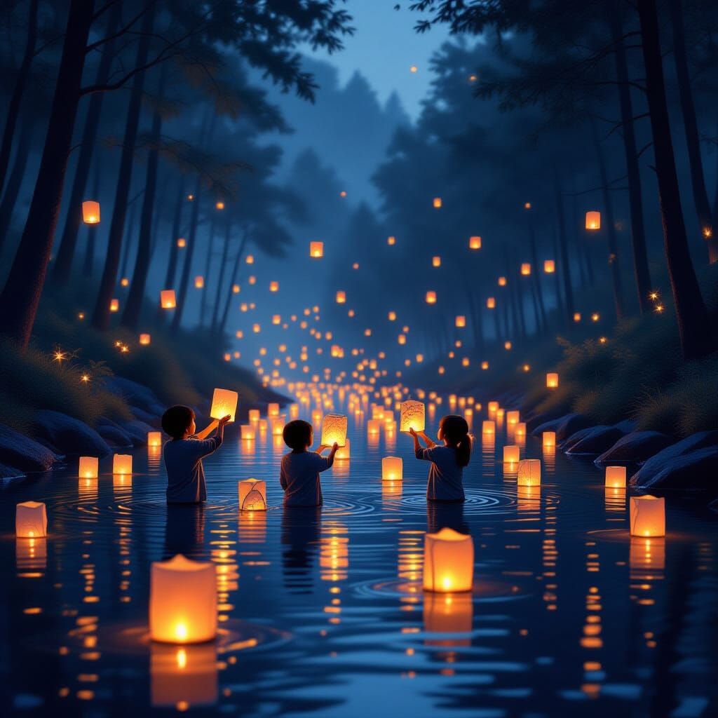 Glowing Lanterns on a Misty River at Night