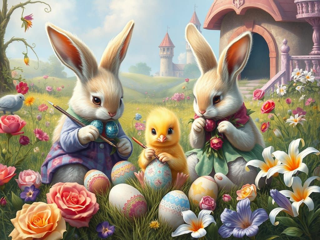 Easter Bunnies Painting Eggs in a Vibrant Meadow