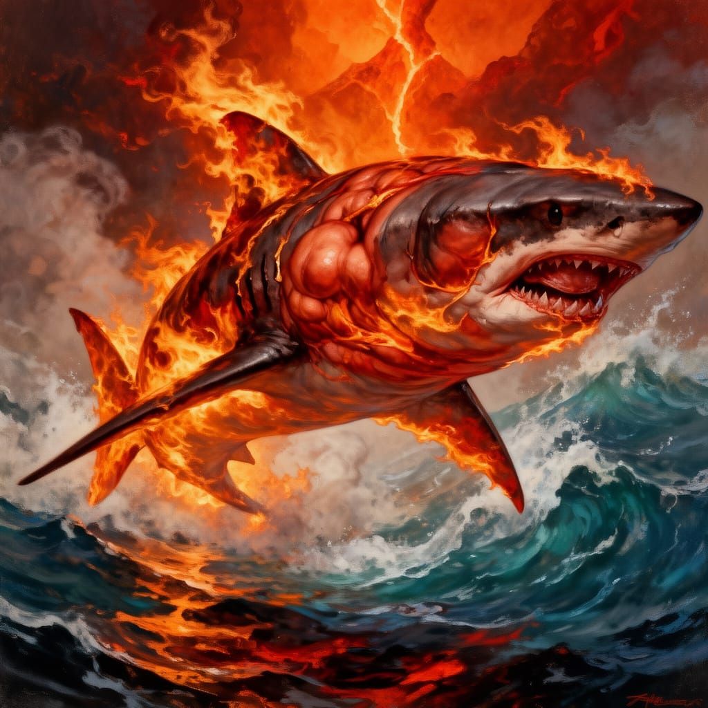 Muscular Shark Unleashes Fiery Powers
