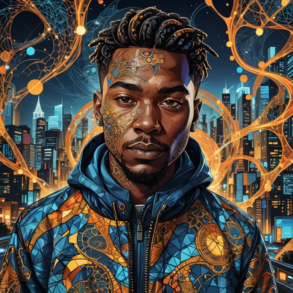 Fractured Rapper Against a Neo-Noir Cityscape in Vibrant Tri...