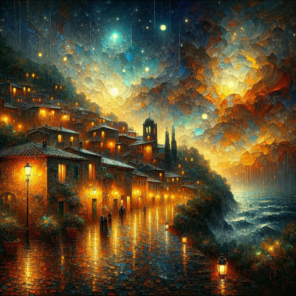 Wistful Mediterranean Village Under Starry Rainy Night