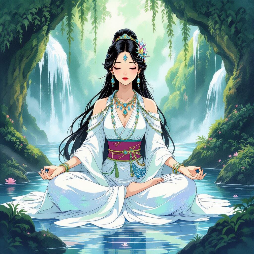 Ethereal Snake Princess Meditating in Grotto