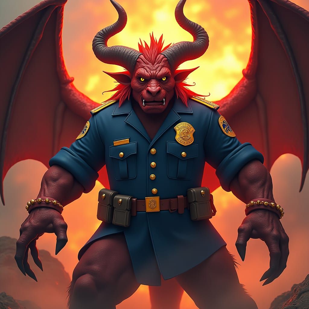 Surreal Balrog in Cartoon Police Uniform, Inspired by Fellow...