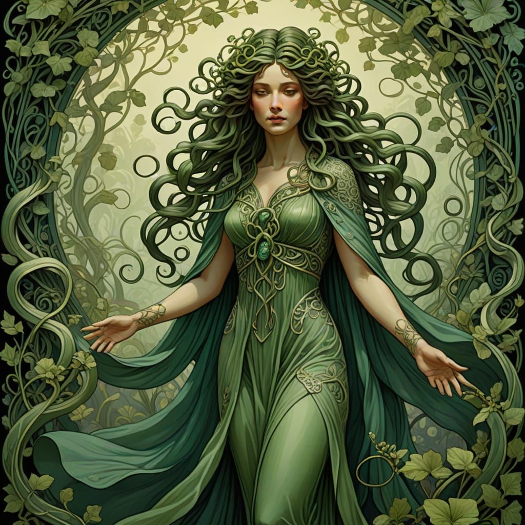Art Nouveau Medusa Illustration with Snakes and Vines