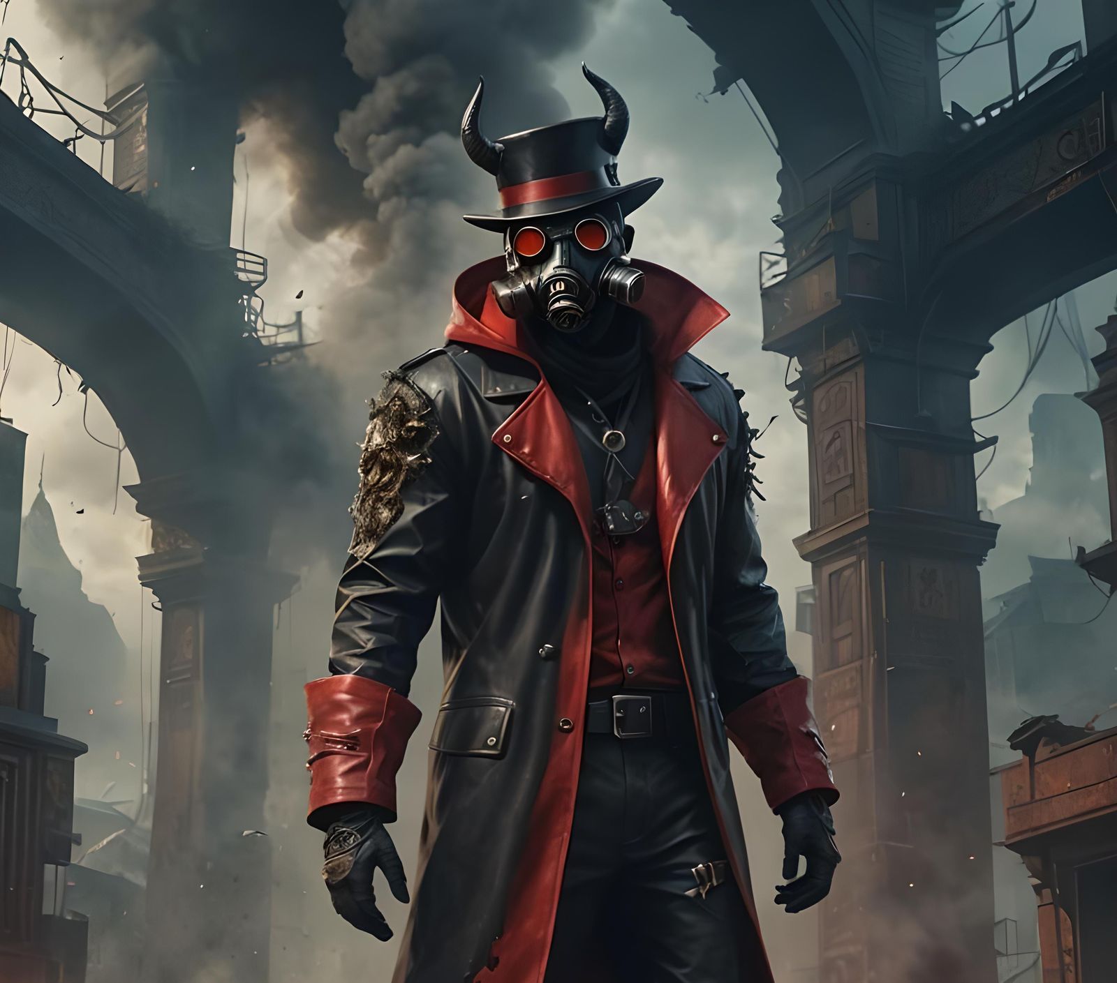 Strong Demon in Black Leather Attire with Red Jacket and Hor...