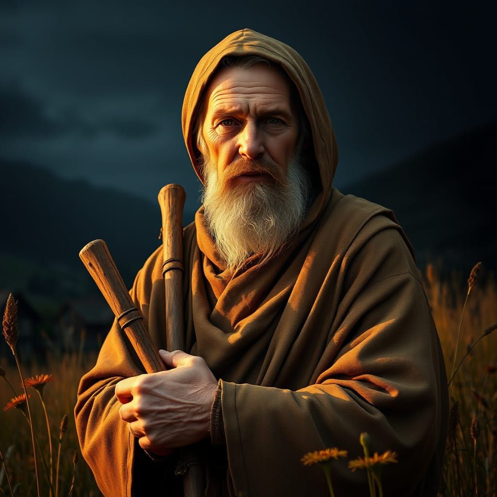 Hyper-Realistic Portrait of a Humble Monk in Earth-Toned Rob...