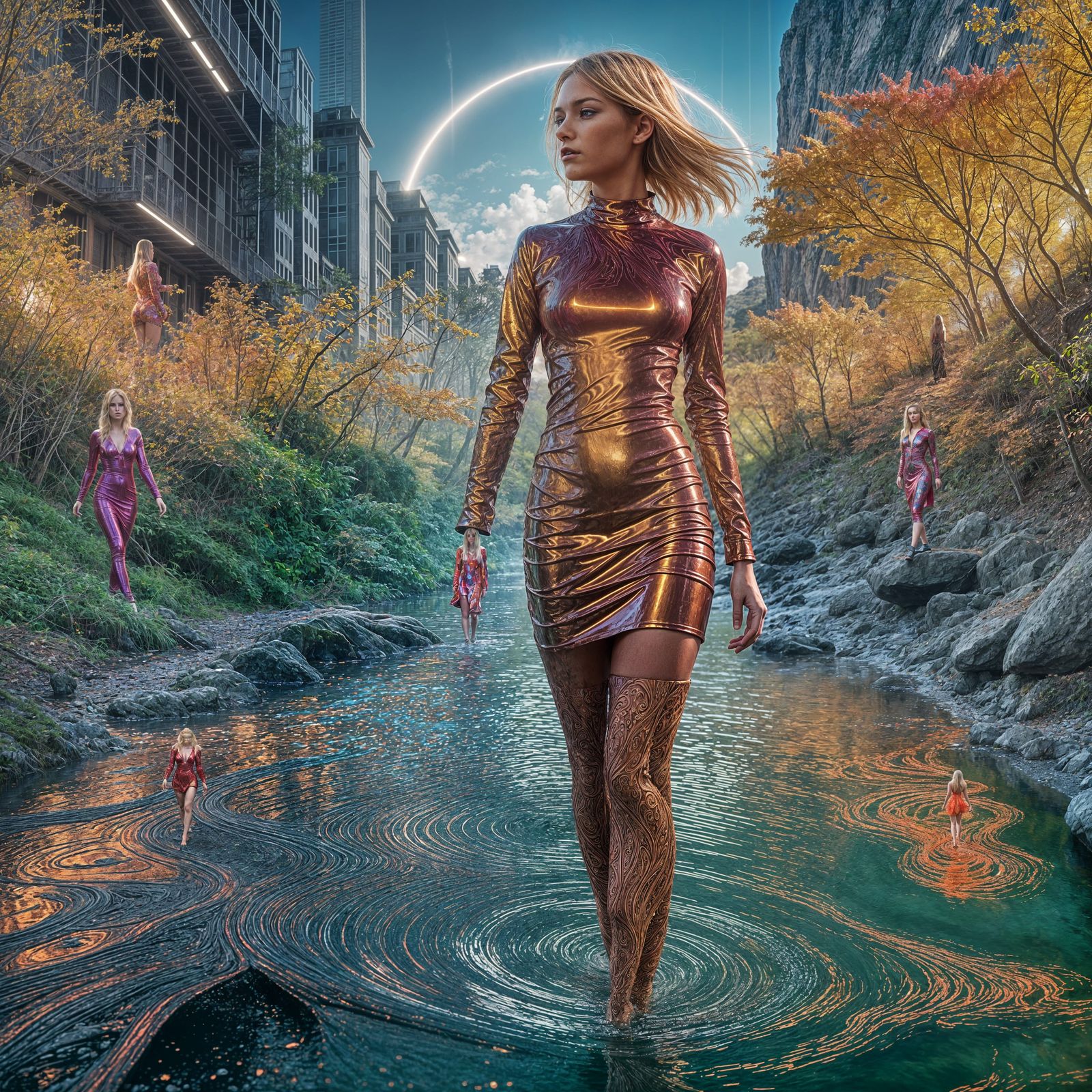 Ethereal Woman Walks in a Glowing River