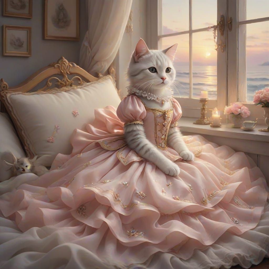 Dreamy Sunrise with Kitten in Anime Style