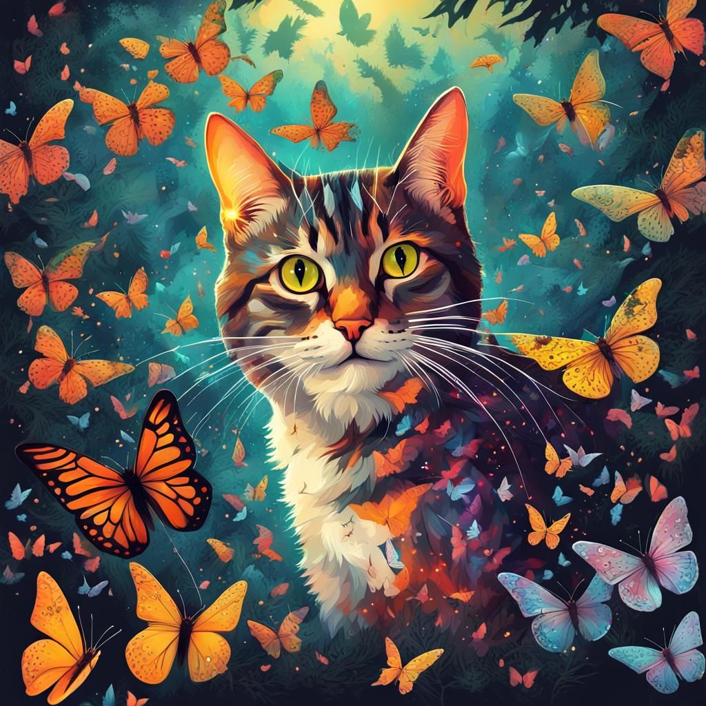 Surreal Cat Surrounded by Butterflies in Epic Wonderland