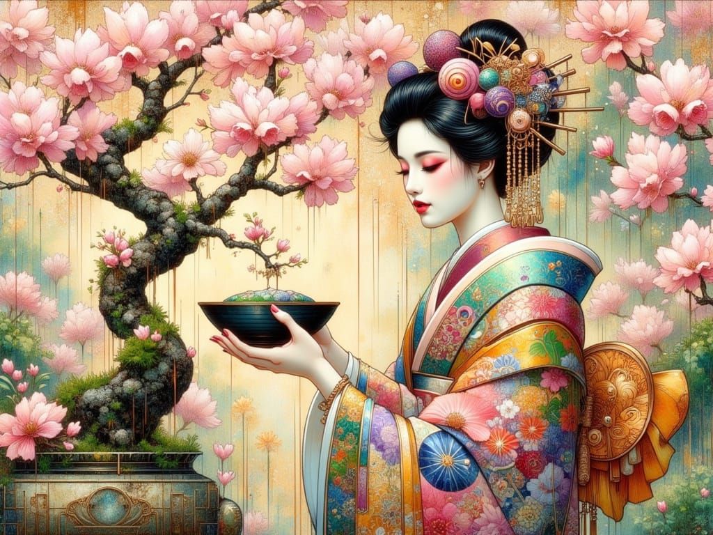 Geisha Tends Bonsai in Serene Art Nouveau Garden