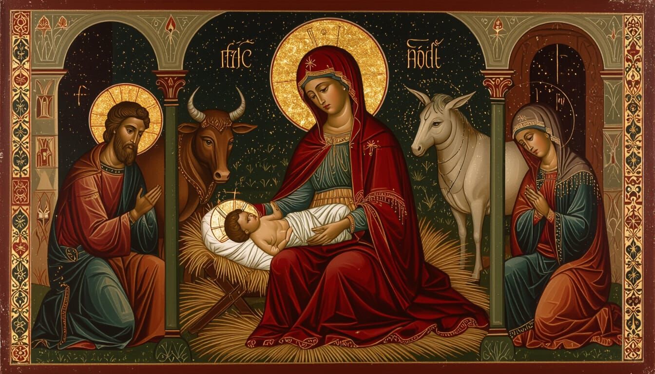 Byzantine Nativity Icon Painting with Golden Accents