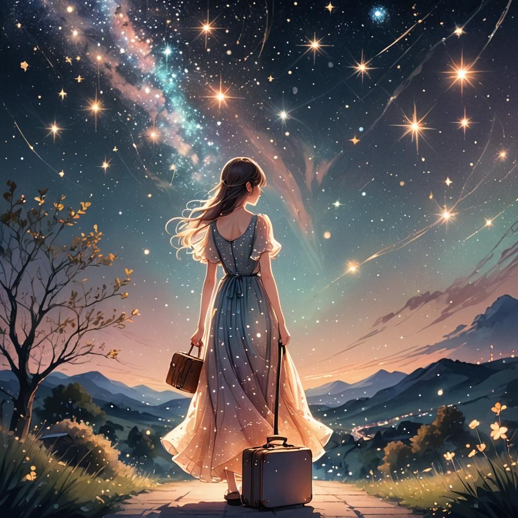 Anime Girl Gazing at Sparkling Stars in Dreamy Night