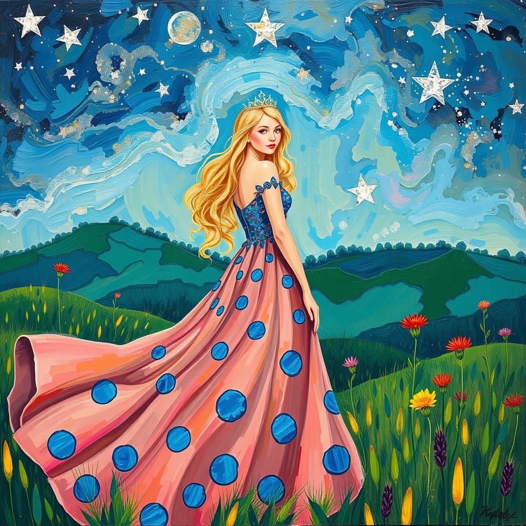 Princess in Neo-Impressionist Starry Landscape