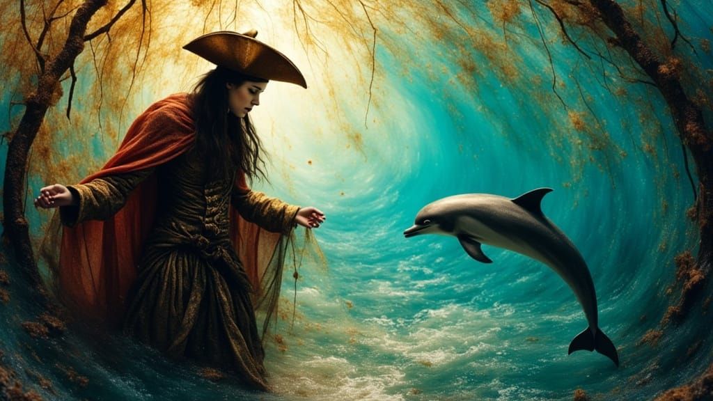 Pirate and Dolphin Seascape: Gurney-esque Oil Painting