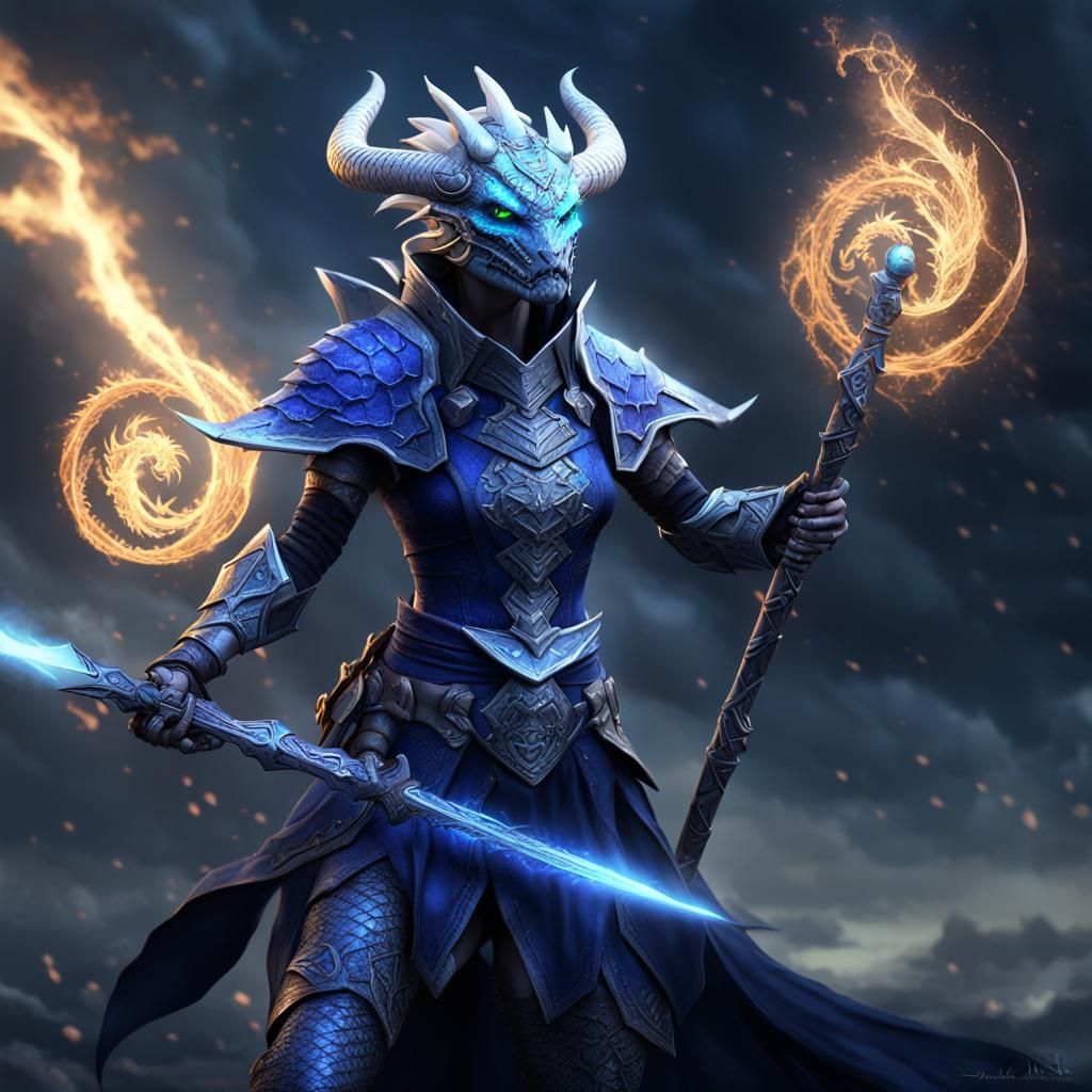 Dark Knight Dragonborn Mage in Midnight Blue and Black