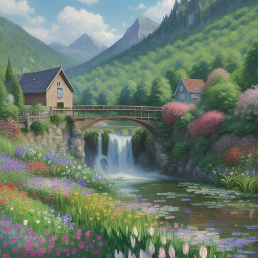 Impressionistic Village Landscape with Waterfalls