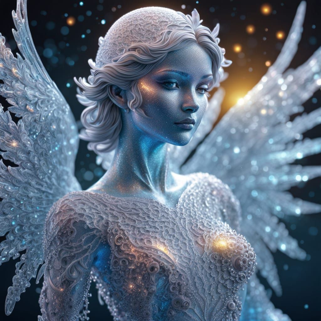 Frozen Fractal Angel Sculpture in Hyperrealistic Style
