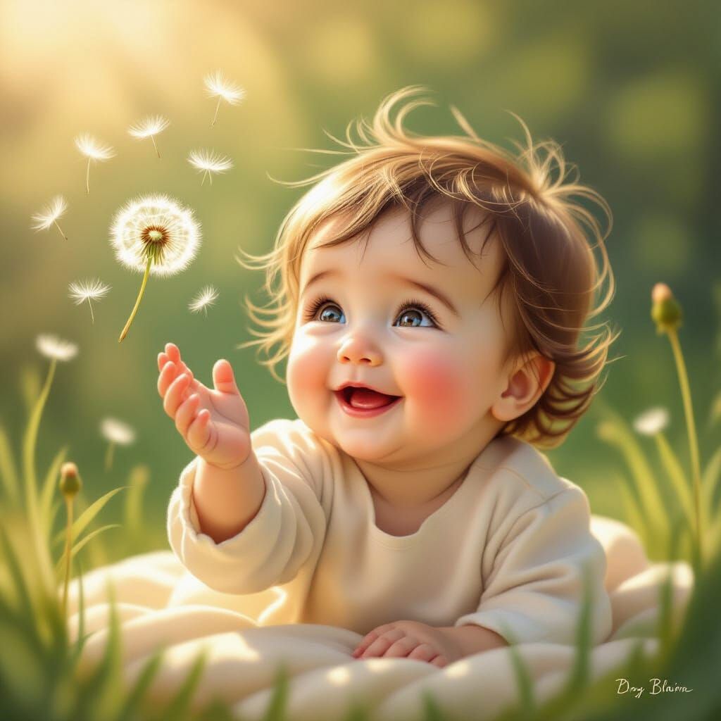 Adorable Baby Reaching for Dandelion Seed in Sunlight