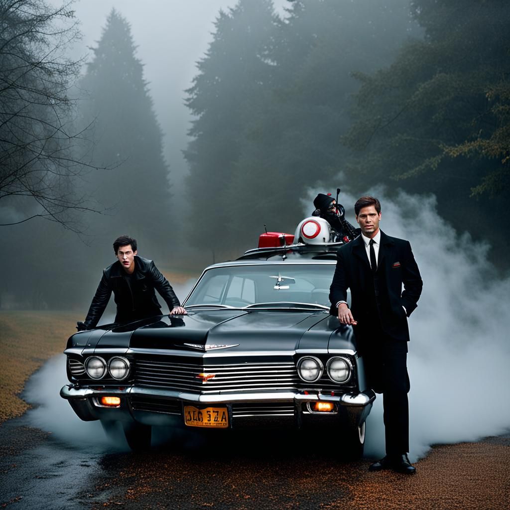 Supernatural Heroes Dressed as Ghost Busters in a Dark Grave...