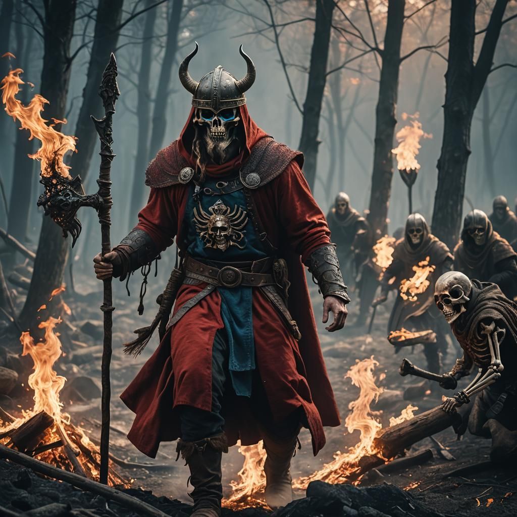 Epic Viking Mage in Cinematic Film Still with Skeleton Warri...