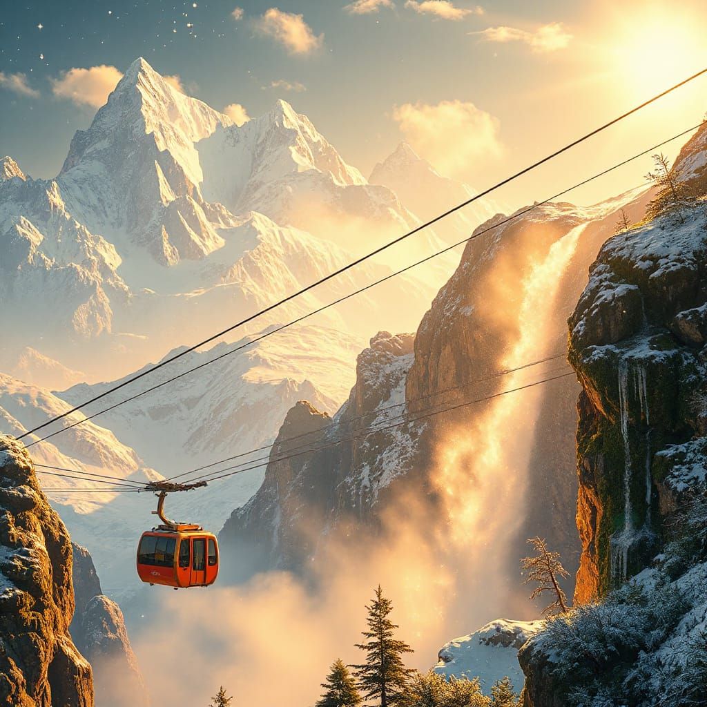 Majestic Alps Dreamscape with Whimsical Cable Car