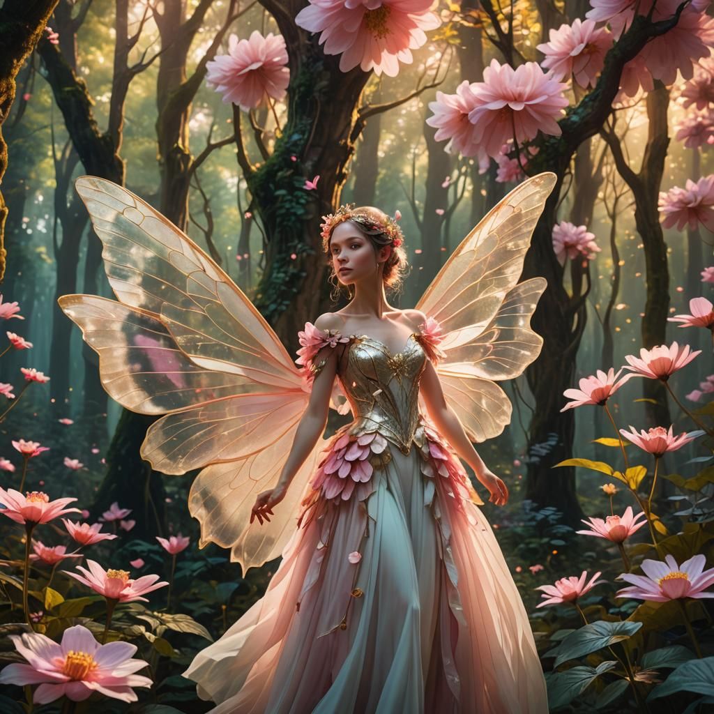 Whimsical Fairy Amidst Vibrant Pink Blooms in an Enchanted F...