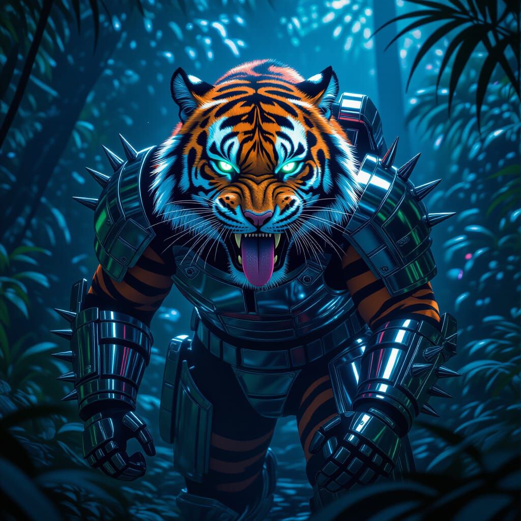 Bioluminescent Armored Tiger in Neon Jungle