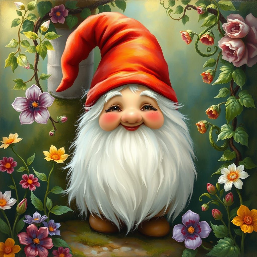 Fluffy Gnome Amidst a Vibrant Floral Tapestry