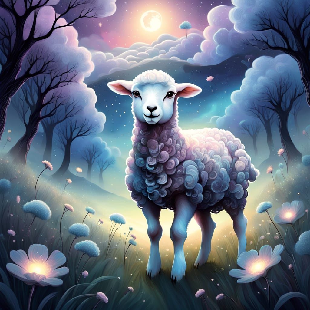 Nervous Lamb in Moonlit Meadow, Fantasy Digital Art